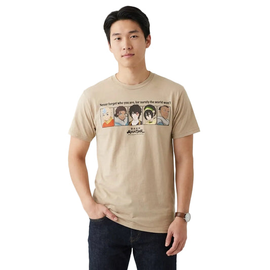 Person wearing a beige t-shirt with character graphic and text