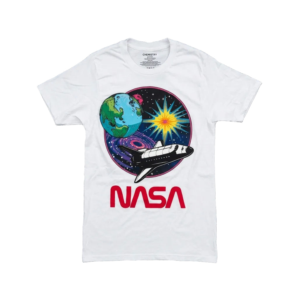 White t-shirt with NASA graphic design featuring a space shuttle and Earth on a dark gray background