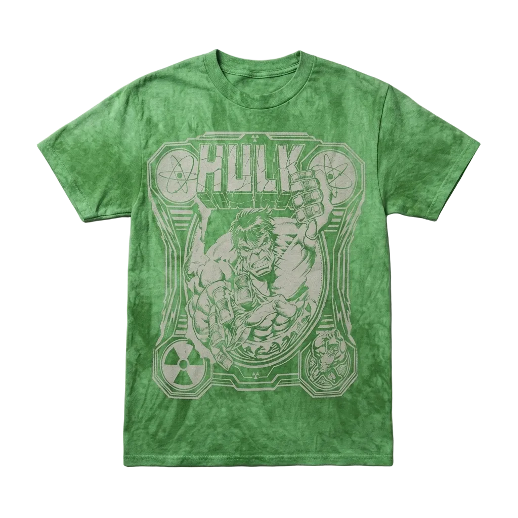 A green short-sleeve crewneck t-shirt featuring a large light green graphic print of the Marvel character Hulk, displayed flat against a textured gray background.