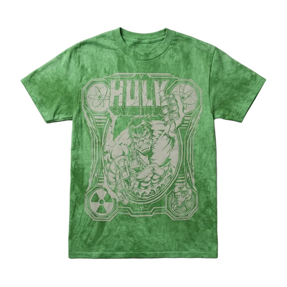 A green short-sleeve crewneck t-shirt featuring a large light green graphic print of the Marvel character Hulk, displayed flat against a textured gray background.
