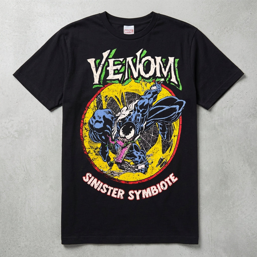 Men's black Venom Symbiote Marvel graphic tee shirt featuring Venom design, short sleeve, casual Marvel comic-inspired apparel.
