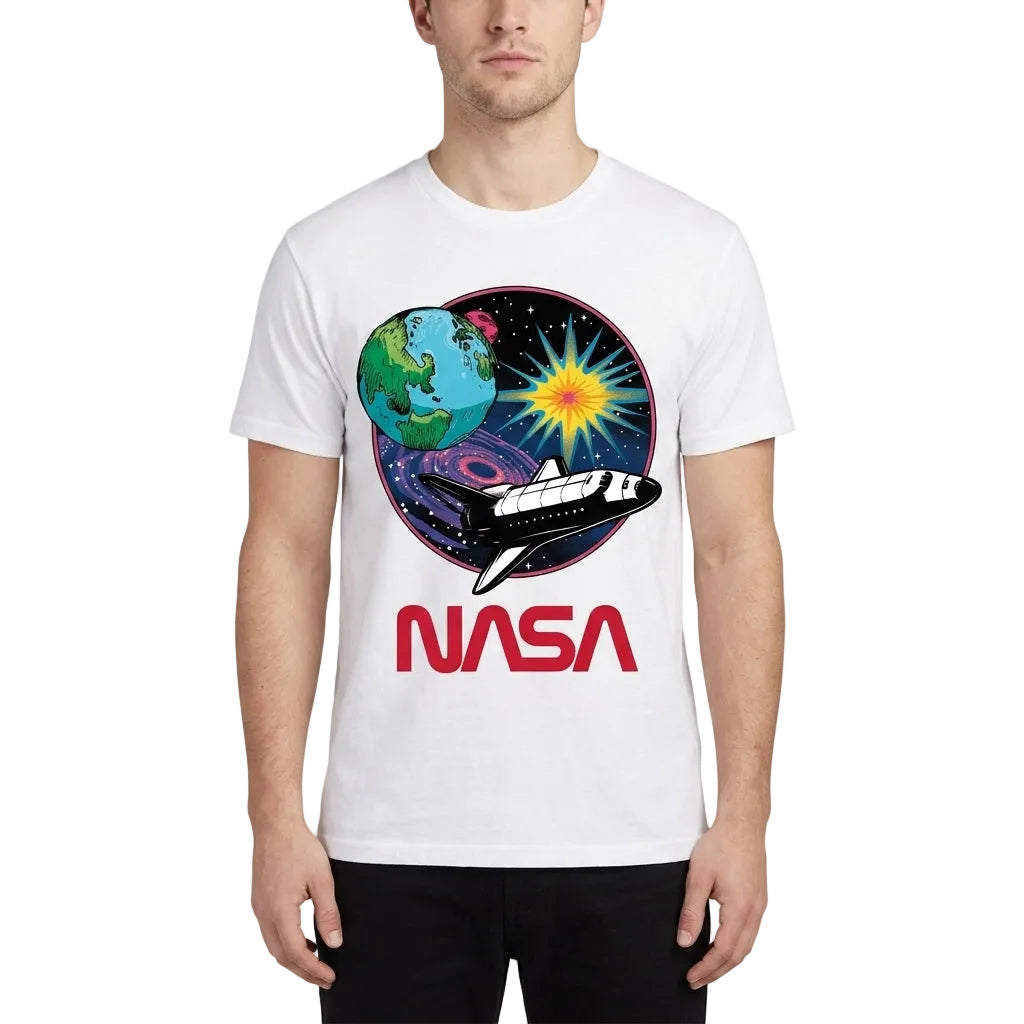 White t-shirt with NASA space-themed graphic design on a white background