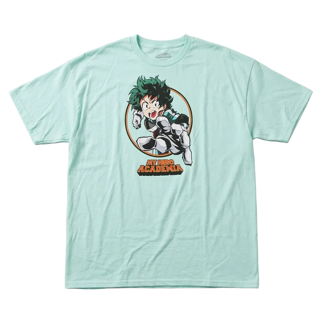 Mint green t-shirt with anime character graphic on a light gray background