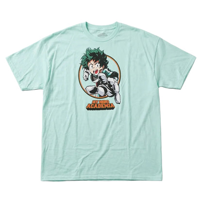 Mint green t-shirt with anime character graphic on a light gray background
