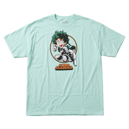 Mint green t-shirt with anime character graphic on a light gray background