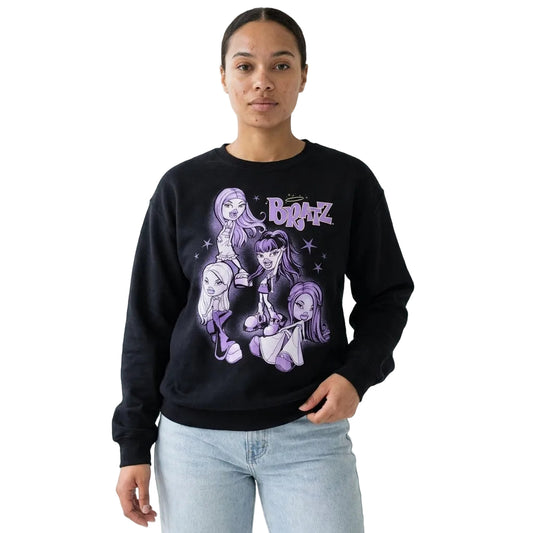 Person wearing a black sweatshirt with graphic design and text on a white background