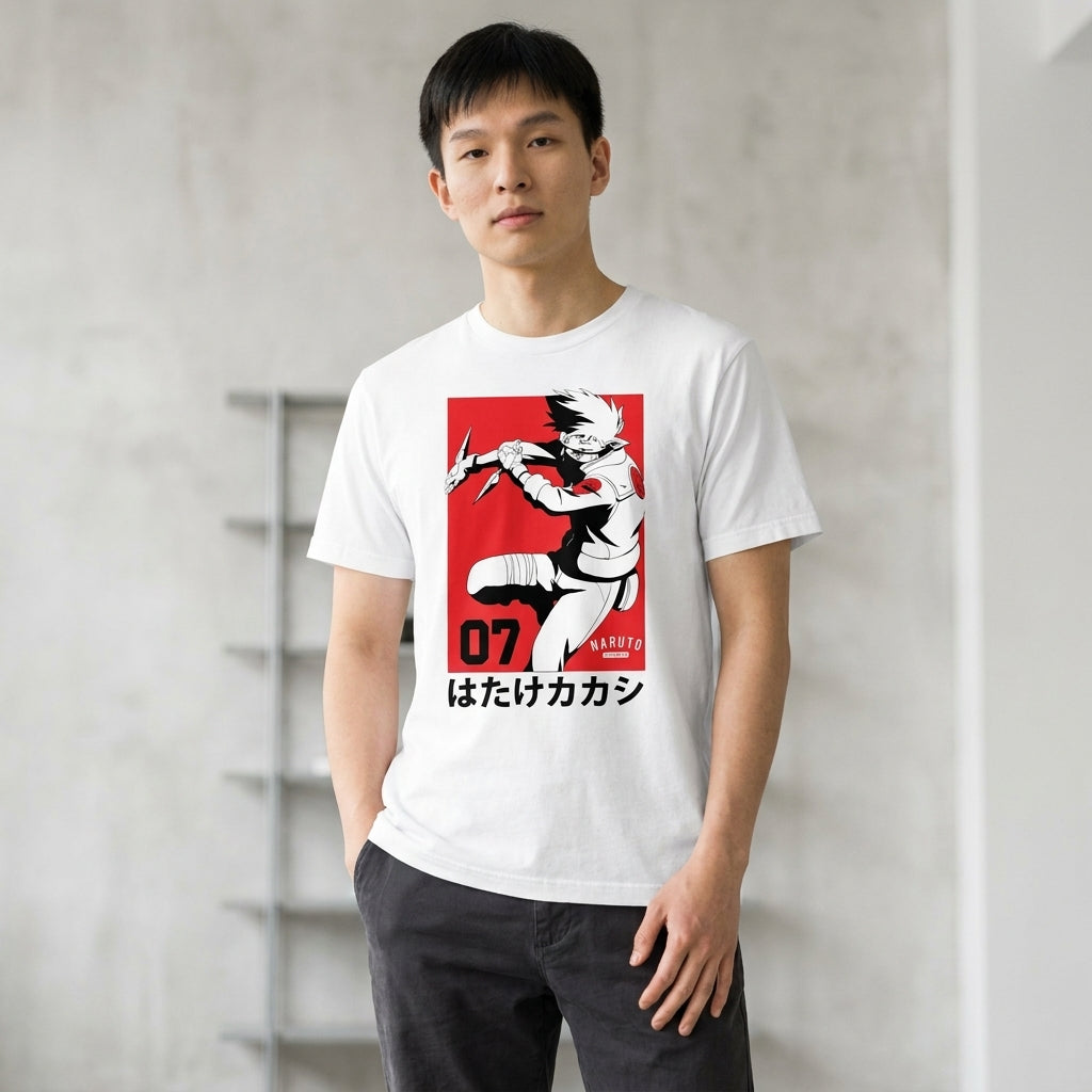 Men's Naruto Kakashi Team 07 anime T-shirt from Bioworld, featuring Kakashi and Team 07 graphic on a casual shirt.