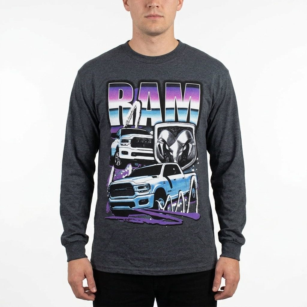Men's Charcoal Heather Ram Truck Long Sleeve Tee T-Shirt