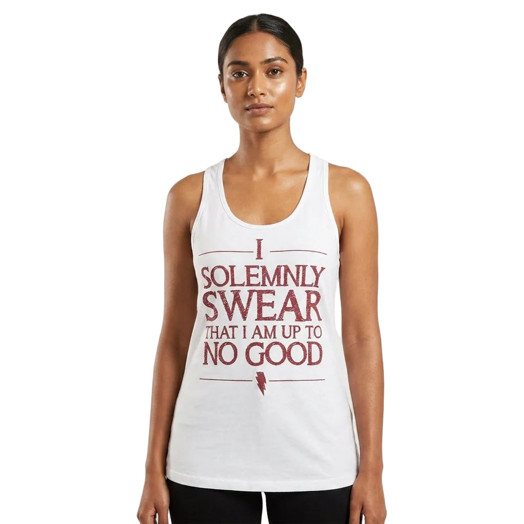 Person wearing a white tank top with red text on a plain background