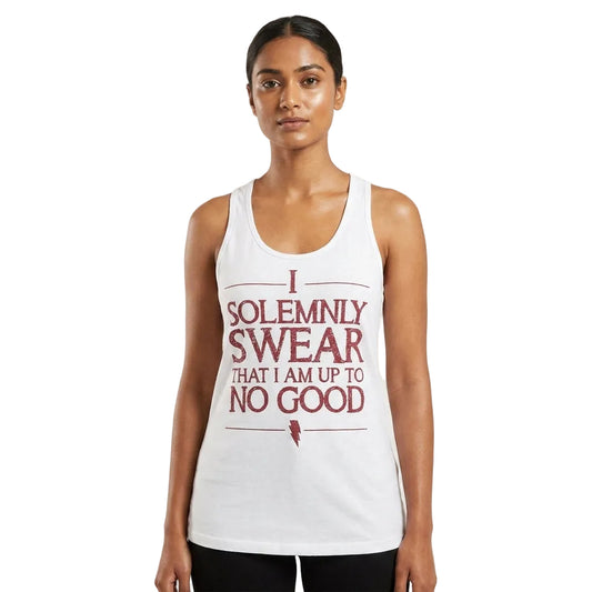 Person wearing a white tank top with red text on a plain background