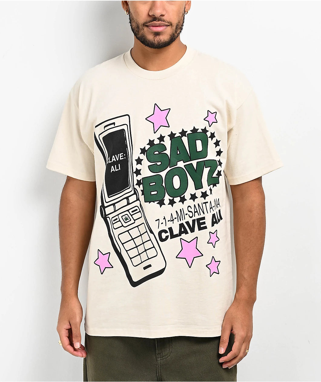Men's cream T-shirt from AD BOYZ by Junior H Clave Ali, featuring a casual shirt design by Mad Engine.