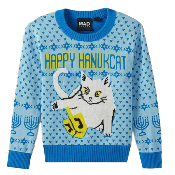 Adult Light Blue Happy Hanukkah Cat Sweater Pullover
