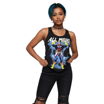 Women’s charcoal heather All Might My Hero Academia tank top featuring a graphic print, sleeveless design, and casual fit.