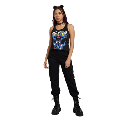 Charcoal Heather All Might My Hero Academia tank top for women and juniors, featuring All Might graphic from Rex Distributor, Inc.