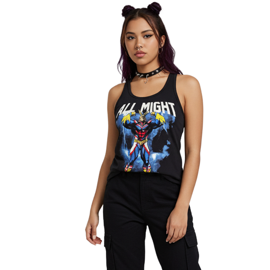 Charcoal Heather All Might My Hero Academia tank top for women and juniors, featuring All Might graphic design.