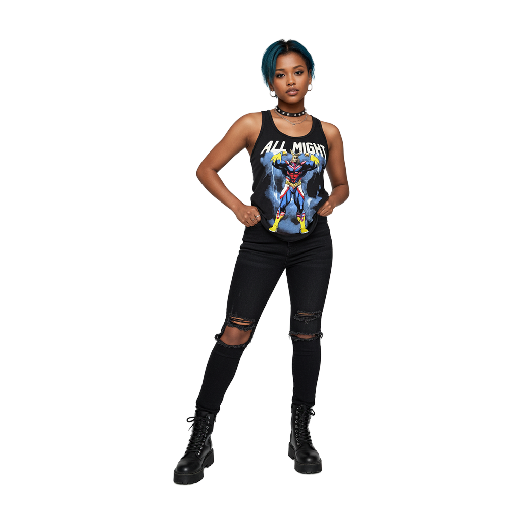 Women's charcoal Heather All Might My Hero Academia tank top featuring All Might graphic from Rex Distributor, Inc.