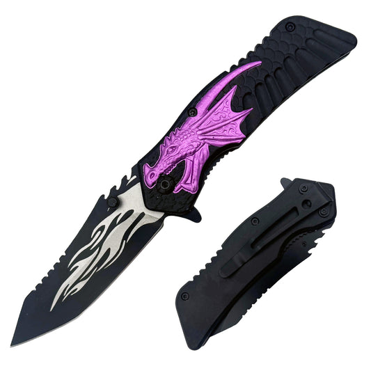 Purple Fire Breathing Dragon spring assisted folding knife with belt clip, tactical design by Rex Distributor, Inc.