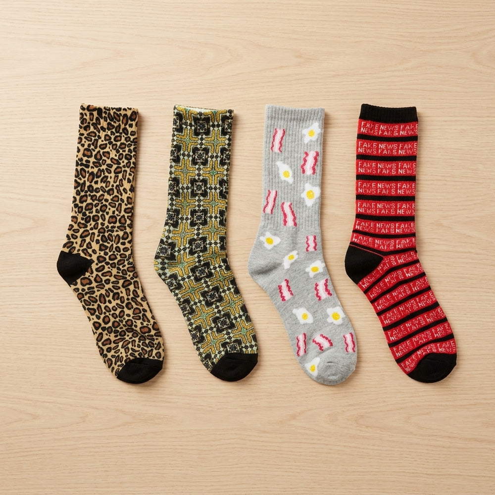 240 Pairs Men's Novelty Crew Socks Package Deal | Mixed Graphic Designs & Fun Patterns Free Shipping