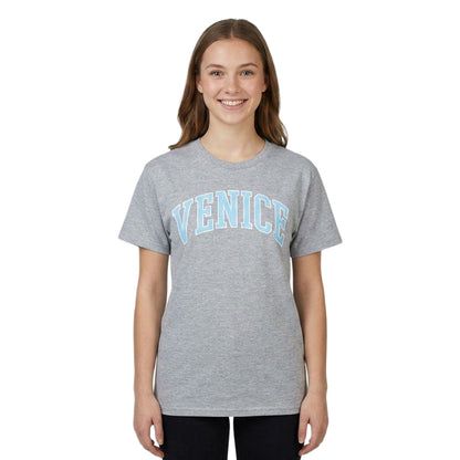 Women's Juniors Venice Graphic Tee from Mighty Fine showing a colorful Venice-themed design on a casual T-shirt.