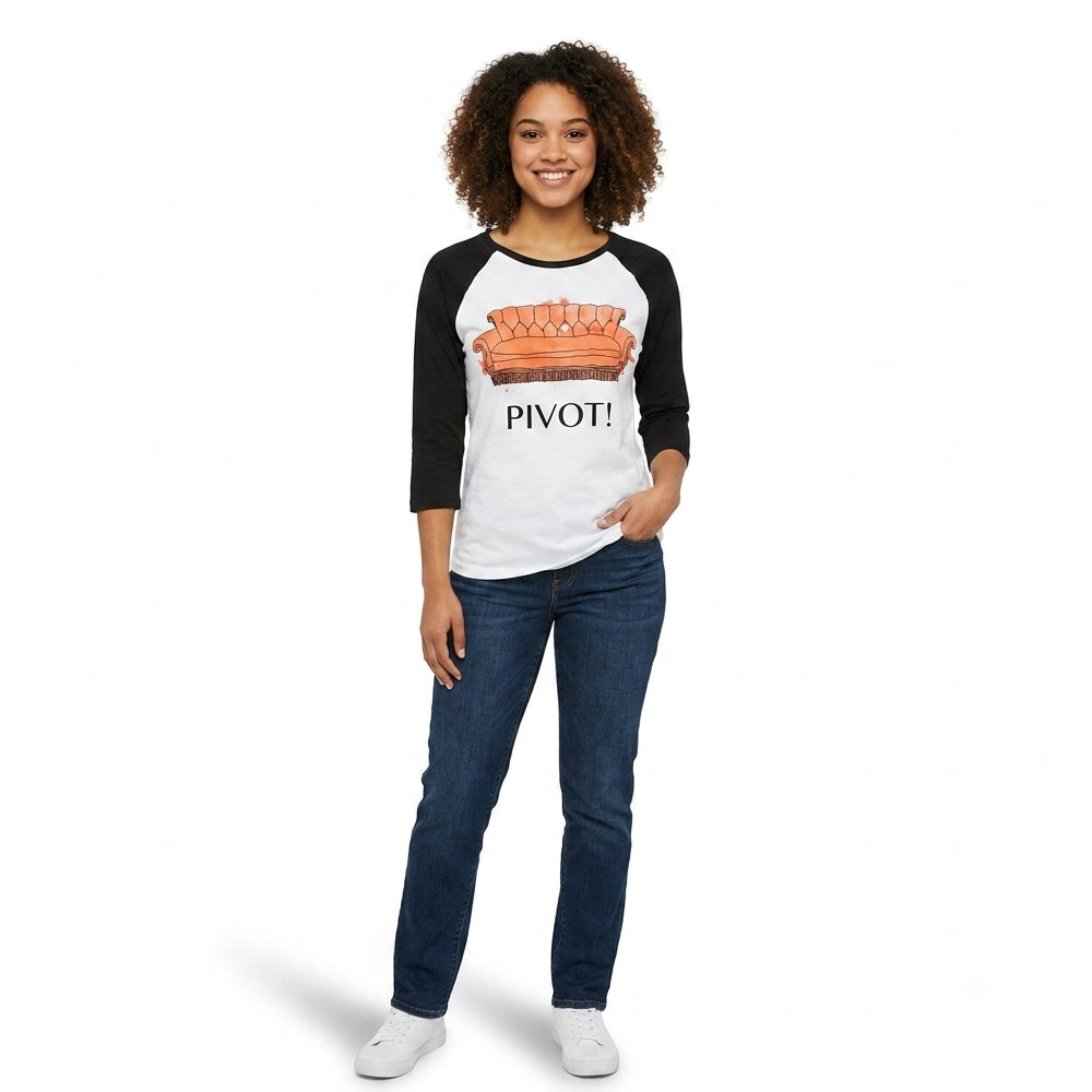 Women’s watercolor graphic T-shirt with raglan sleeves featuring a friends pivot design, by Rex Distributor, Inc.