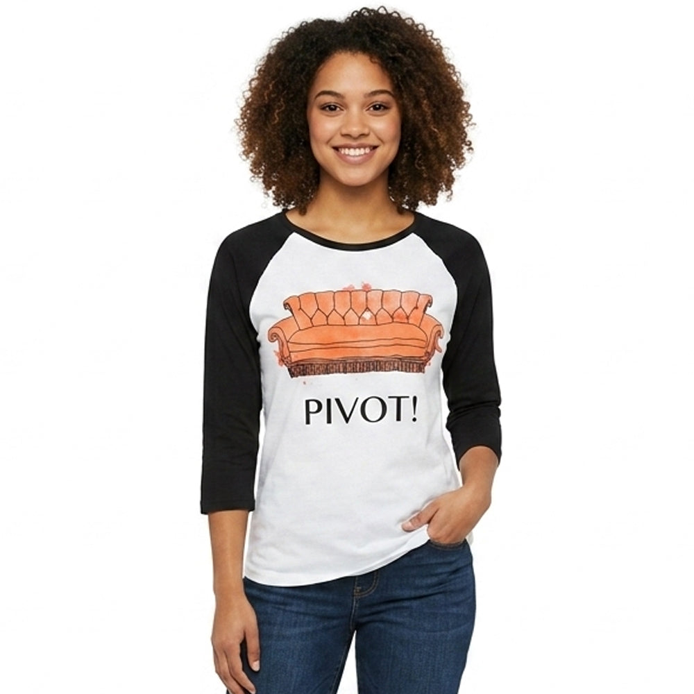 Women’s watercolor graphic raglan T-shirt featuring friends pivot design, made by Rex Distributor, Inc.