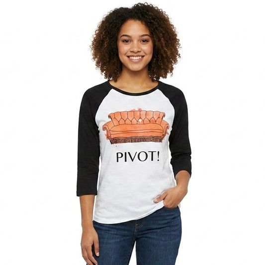 Women’s watercolor graphic raglan T-shirt featuring friends pivot design, made by Rex Distributor, Inc.