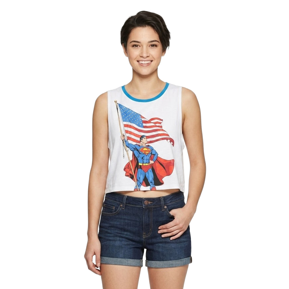Women's white Superman USA flag sleeveless tank top by Bioworld, featuring a bold Superman graphic on the front.
