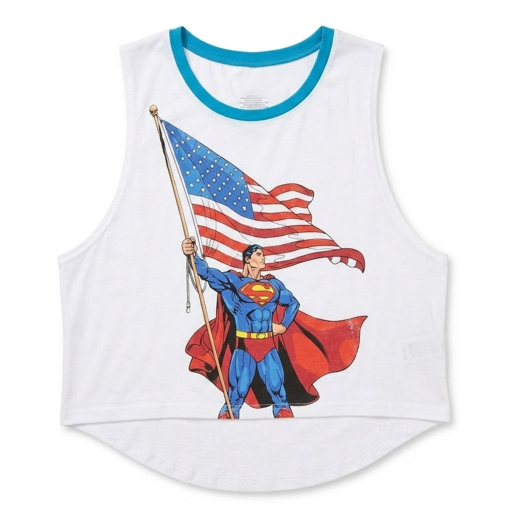 Women's white Superman USA flag sleeveless tank top by Bioworld, featuring patriotic Superman graphic and casual summer style.