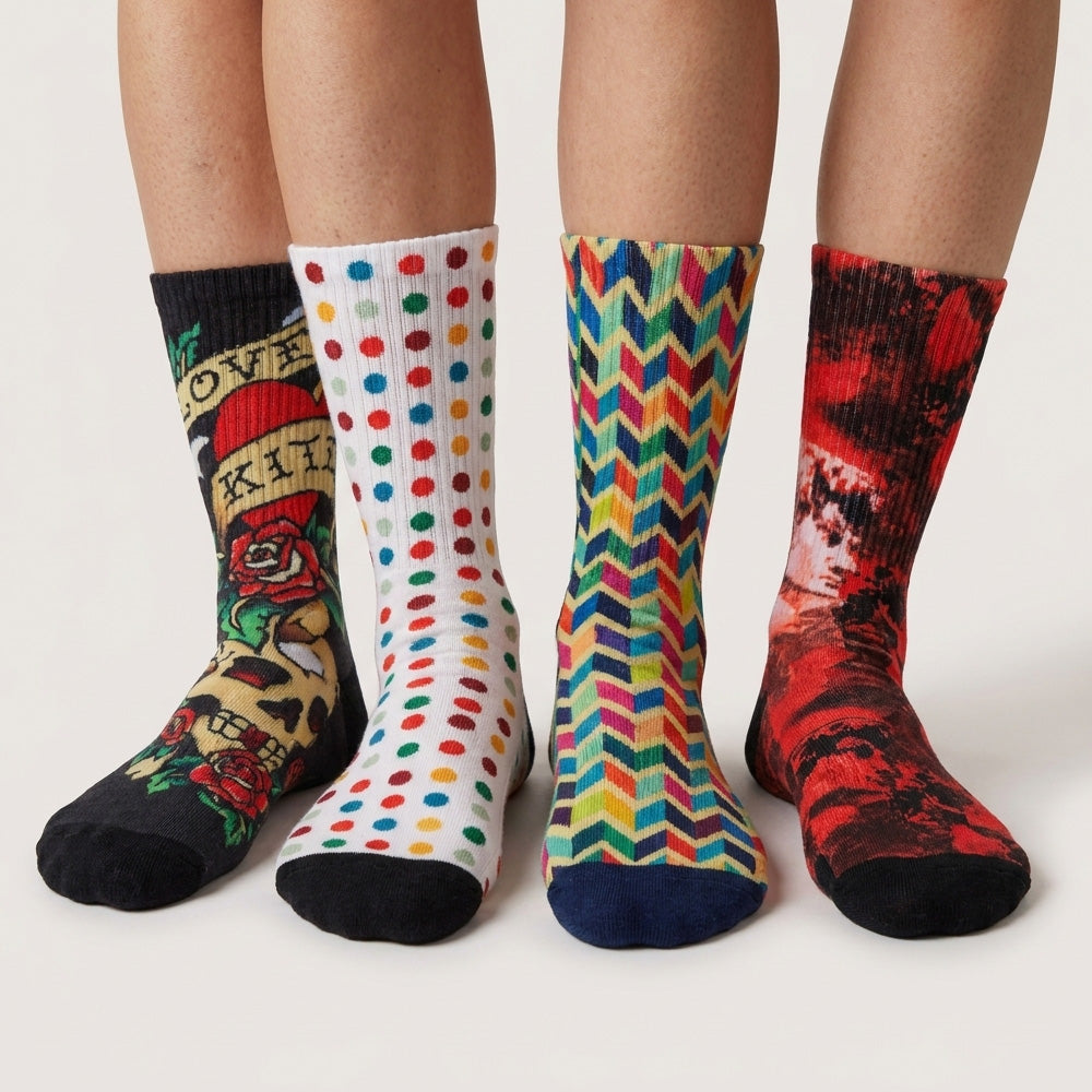 240 Pairs Men's Novelty Crew Socks Package Deal | Mixed Graphic Designs & Fun Patterns Free Shipping