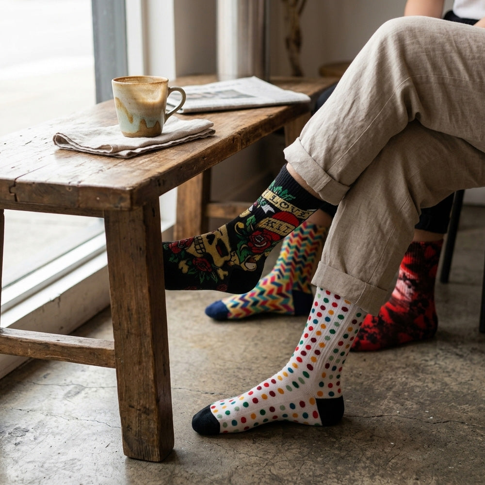 240 Pairs Men's Novelty Crew Socks Package Deal | Mixed Graphic Designs & Fun Patterns Free Shipping