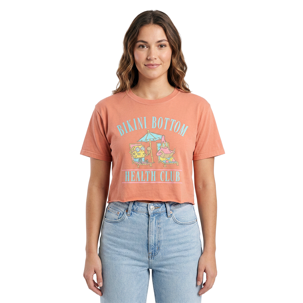 Women's Junior SpongeBob SquarePants crop top tee featuring Bikini Bottom Health Club design by Mad Engine.