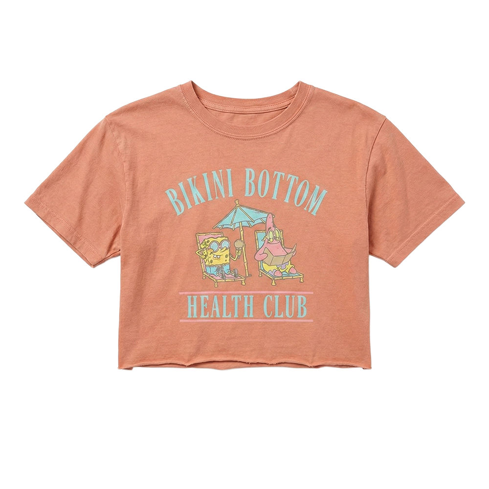 Women's Mad Engine SpongeBob SquarePants crop top tee featuring Bikini Bottom Health Club design in vibrant colors.