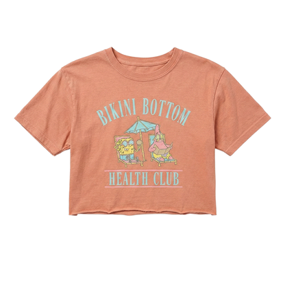 Women's Mad Engine SpongeBob SquarePants crop top tee featuring Bikini Bottom Health Club design in vibrant colors.
