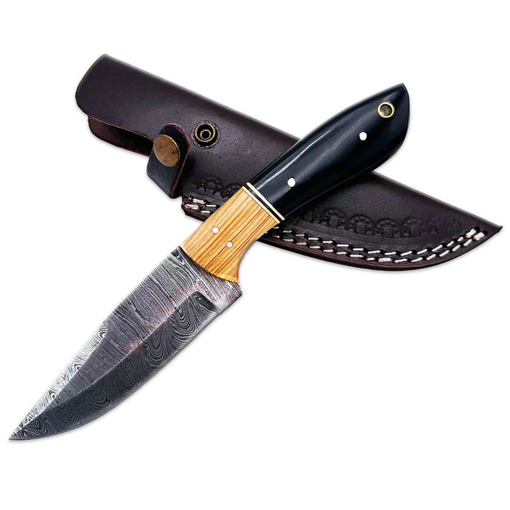 BC 799-DB 9" Bone Collector Damascus Blade Hunting Knife with Leather Sheath