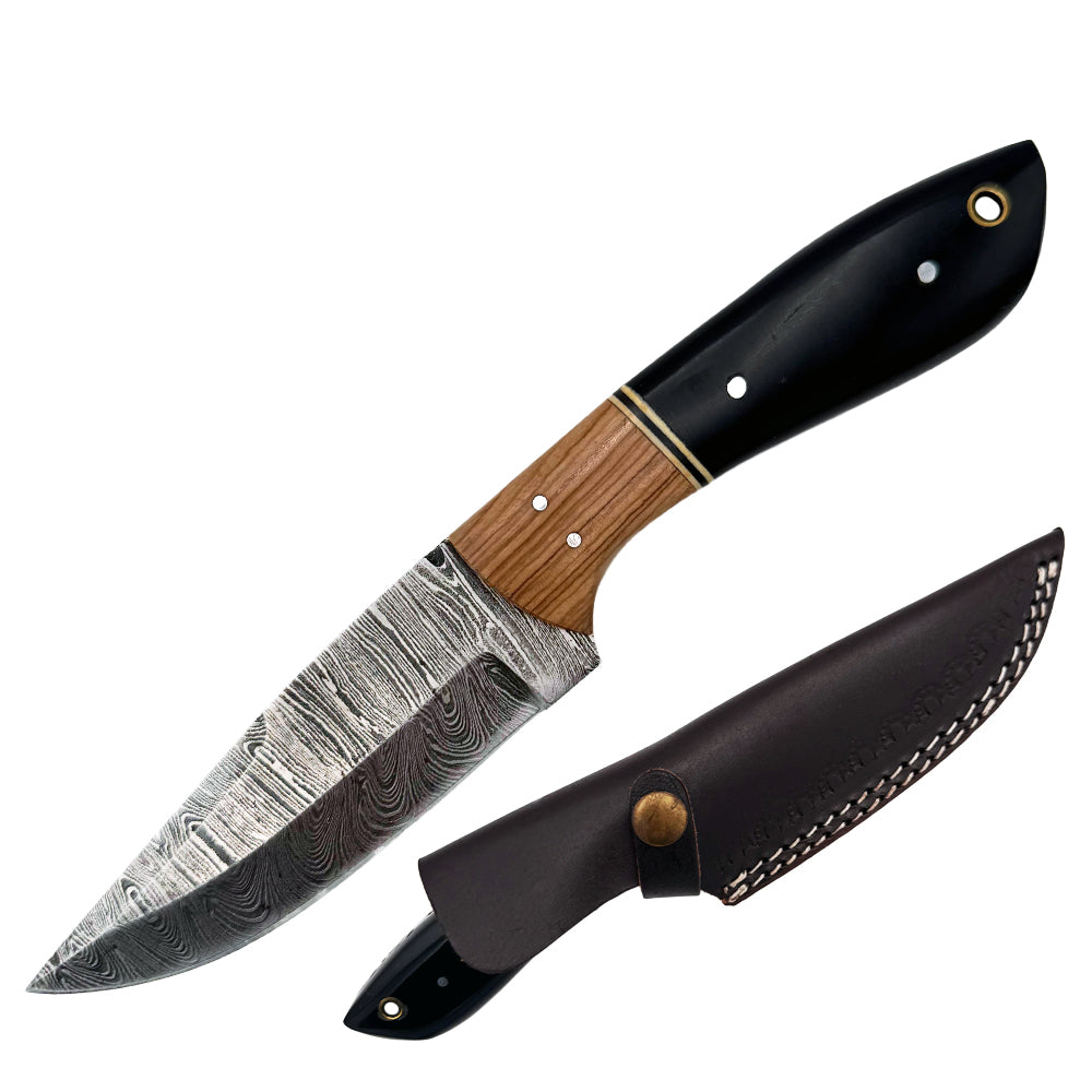 BC 799-DB 9" Bone Collector Damascus Blade Hunting Knife with Leather Sheath