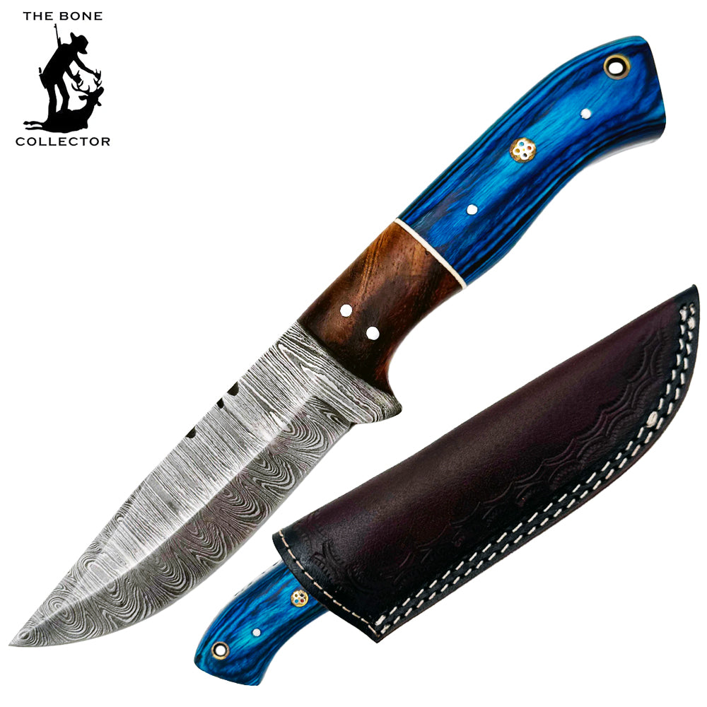 BC 800DB-BL 9" Blue Bone Collector Damascus Blade Hunting Knife with Leather Sheath