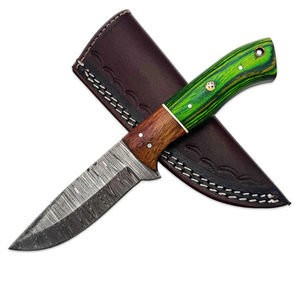 BC 800DB-GN 9" Geen Bone Collector Damascus Blade Hunting Knife with Leather Sheath