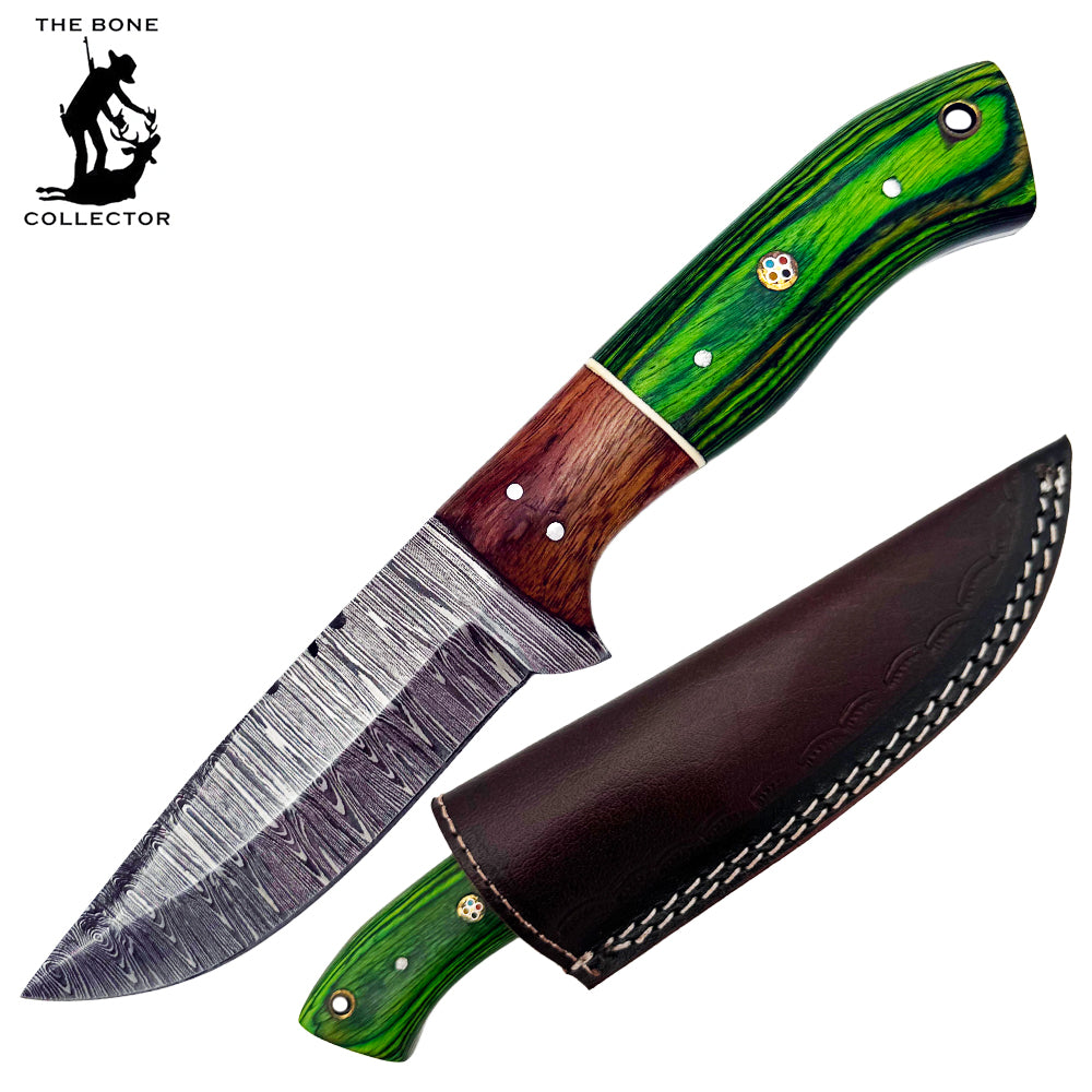 BC 800DB-GN 9" Geen Bone Collector Damascus Blade Hunting Knife with Leather Sheath