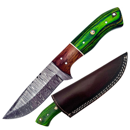 BC 800DB-GN 9" Geen Bone Collector Damascus Blade Hunting Knife with Leather Sheath