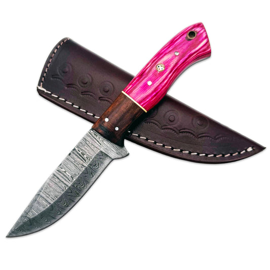 BC 800DB-PN 9" Pink Bone Collector Damascus Blade Hunting Knife with Leather Sheath