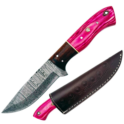 BC 800DB-PN 9" Pink Bone Collector Damascus Blade Hunting Knife with Leather Sheath