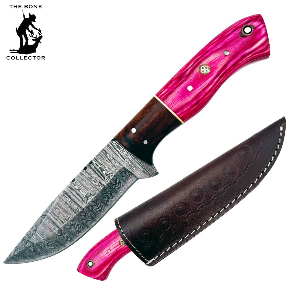 BC 800DB-PN 9" Pink Bone Collector Damascus Blade Hunting Knife with Leather Sheath