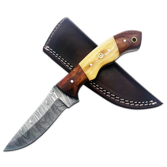 BC 826-DB 9" White & Brown Bone Collector Damascus Blade Skinning Hunting Knife with Leather Sheath