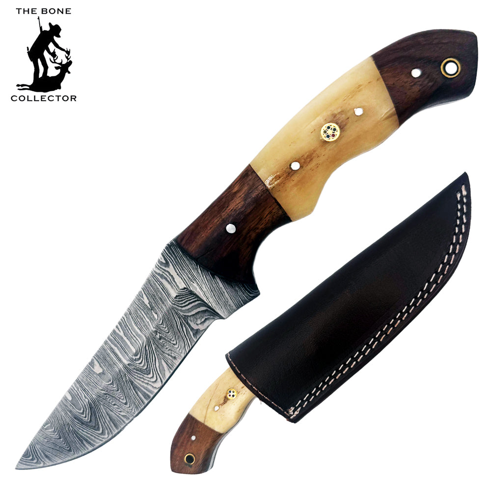 BC 826-DB 9" White & Brown Bone Collector Damascus Blade Skinning Hunting Knife with Leather Sheath
