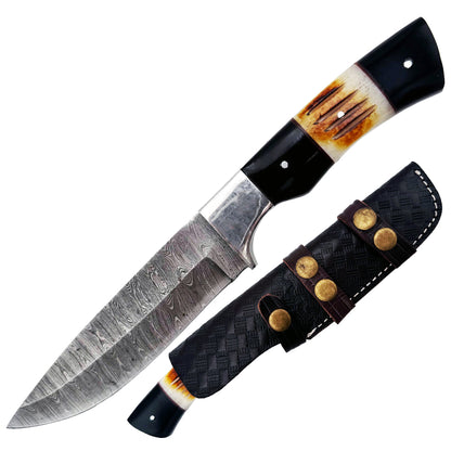 BC 827-DB 9" Bone Collector Damascus Blade Hunting Knife with Leather Sheath