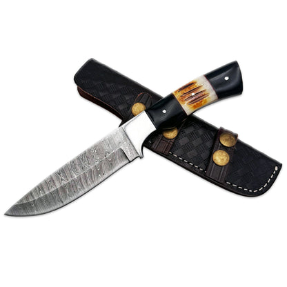 BC 827-DB 9" Bone Collector Damascus Blade Hunting Knife with Leather Sheath