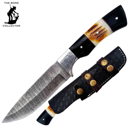 BC 827-DB 9" Bone Collector Damascus Blade Hunting Knife with Leather Sheath
