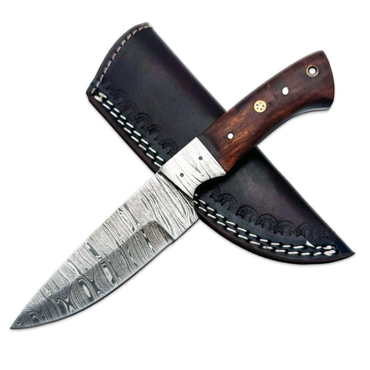 BC 828-DB 9" Brown Bone Collector Damascus Blade Hunting Knife with Leather Sheath