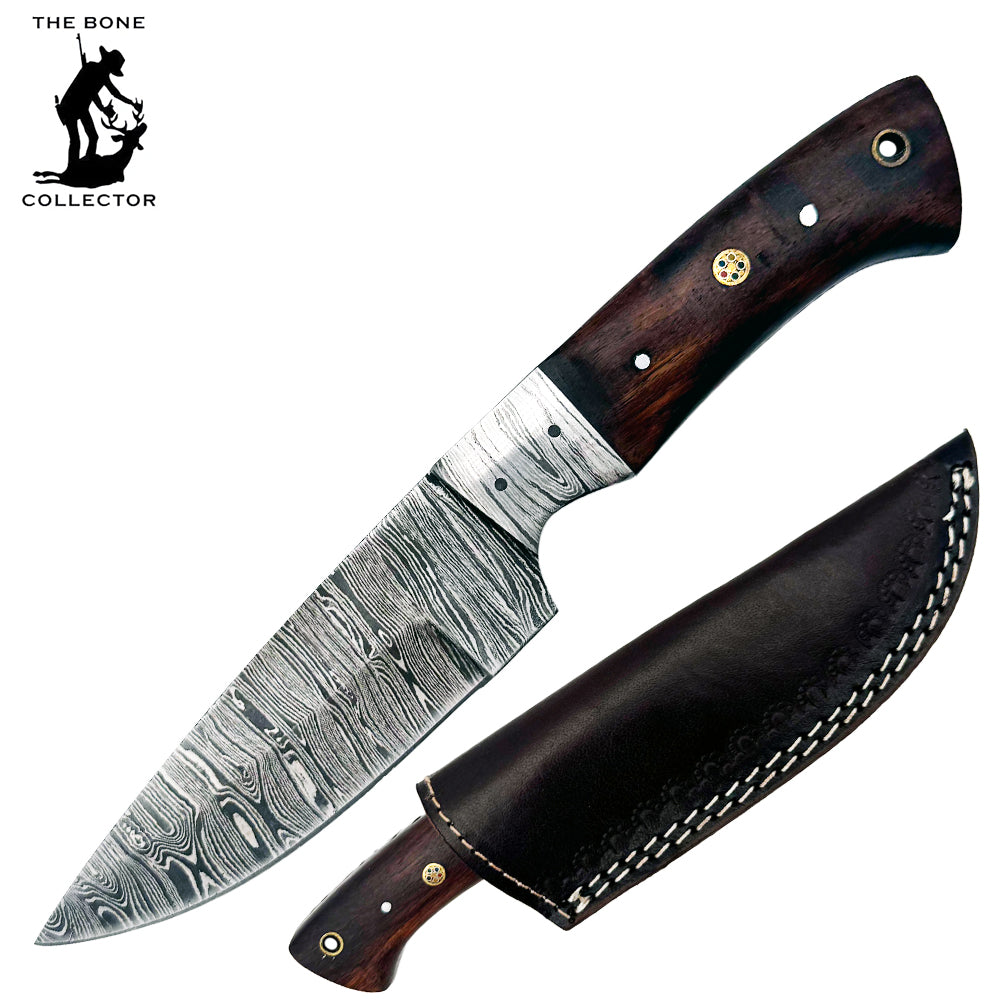 BC 828-DB 9" Brown Bone Collector Damascus Blade Hunting Knife with Leather Sheath