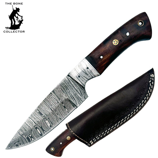 BC 828-DB 9" Brown Bone Collector Damascus Blade Hunting Knife with Leather Sheath